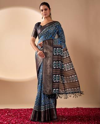 Blue soft lichi silk designer saree with digital ethnic geometric print & luxurious zari border with blouse piece 1