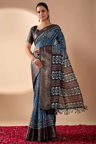 Blue soft lichi silk designer saree with digital ethnic geometric print & luxurious zari border with blouse piece