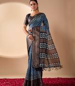 Blue soft lichi silk designer saree with digital ethnic geometric print & luxurious zari border with blouse piece