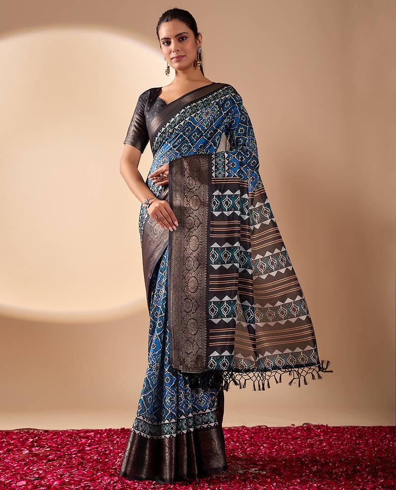 Blue soft lichi silk designer saree with digital ethnic geometric print & luxurious zari border with blouse piece
