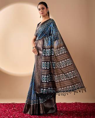 Blue soft lichi silk designer saree with digital ethnic geometric print & luxurious zari border with blouse piece 2
