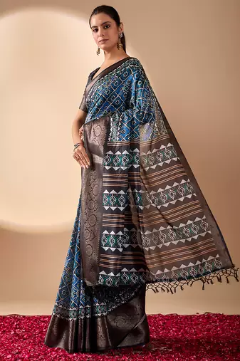 Blue soft lichi silk designer saree with digital ethnic geometric print & luxurious zari border with blouse piece