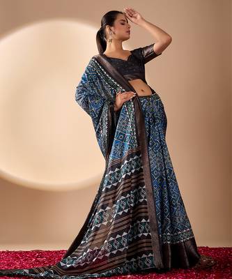 Blue soft lichi silk designer saree with digital ethnic geometric print & luxurious zari border with blouse piece 3
