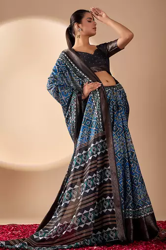 Blue soft lichi silk designer saree with digital ethnic geometric print & luxurious zari border with blouse piece