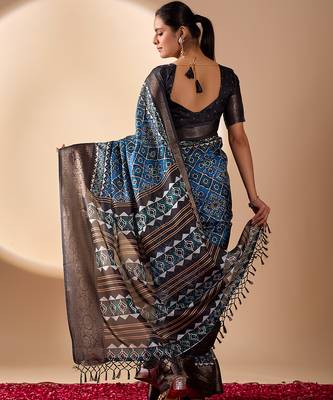 Blue soft lichi silk designer saree with digital ethnic geometric print & luxurious zari border with blouse piece 4