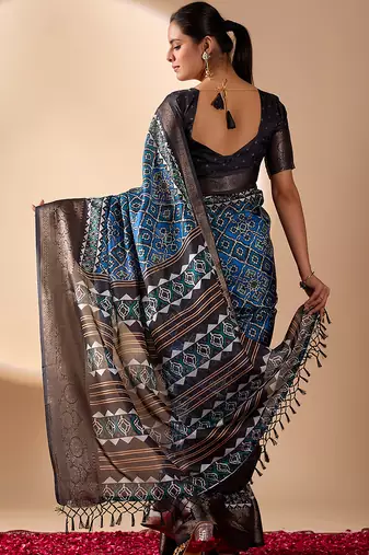 Blue soft lichi silk designer saree with digital ethnic geometric print & luxurious zari border with blouse piece