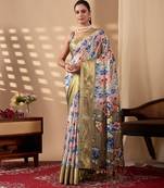 Olive soft lichi silk floral print designer printed‐sarees with contrast blouse