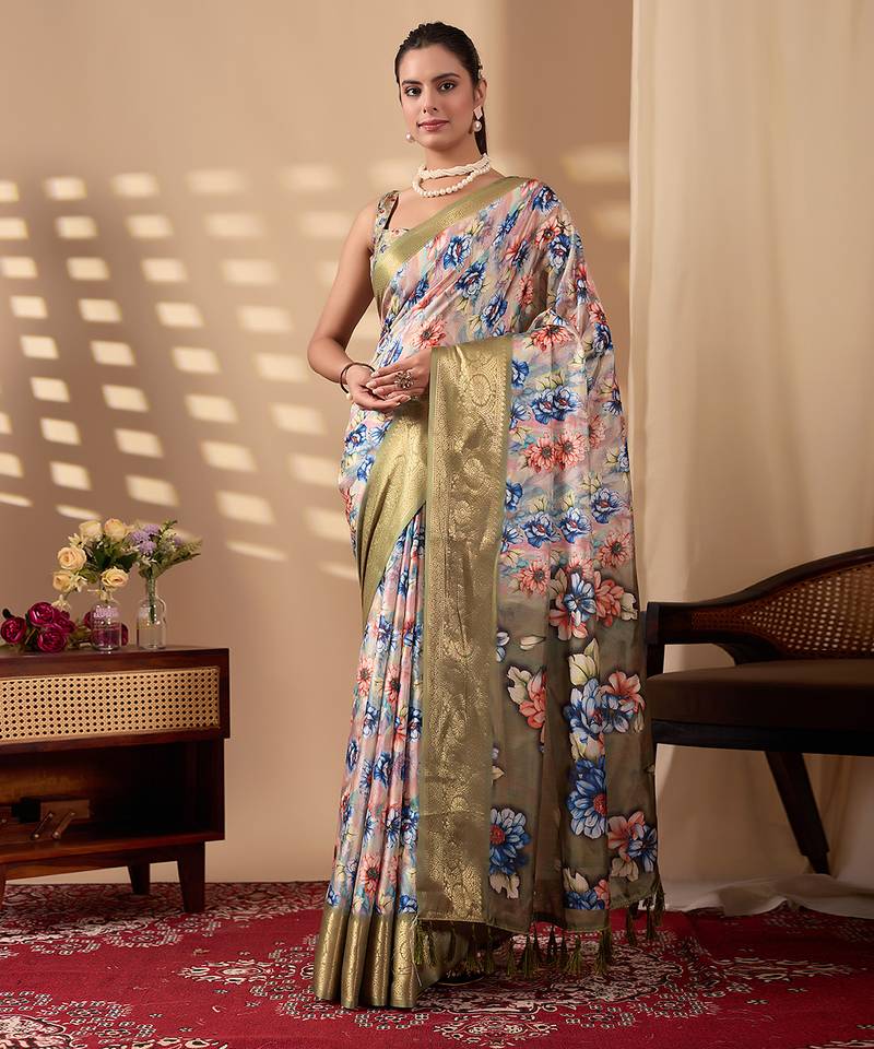Olive soft lichi silk floral print designer printed‐sarees with contrast blouse