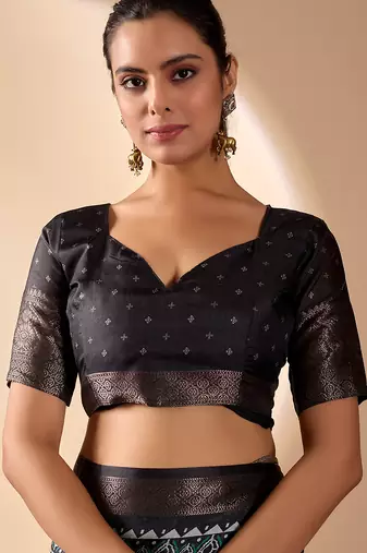 Blue soft lichi silk designer saree with digital ethnic geometric print & luxurious zari border with blouse piece
