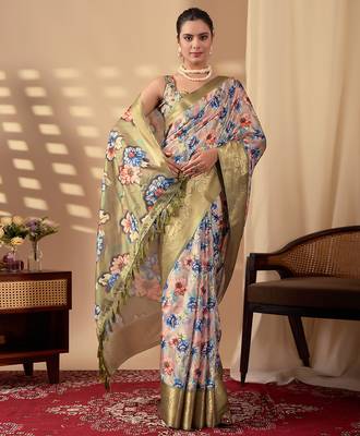 Olive soft lichi silk floral print designer printed‐sarees with contrast blouse 2