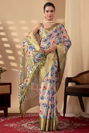 Olive soft lichi silk floral print designer printed‐sarees with contrast blouse