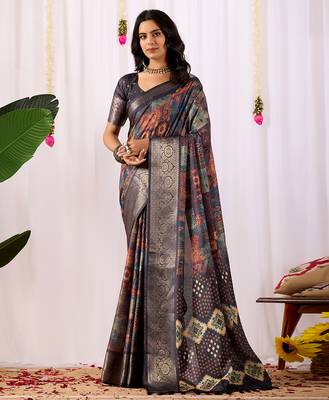 Navy blue soft lichi silk saree with digital ethnic print & rich zari border | traditional designer saree with blouse 1
