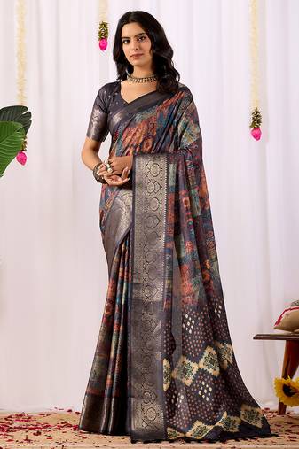 Navy blue soft lichi silk saree with digital ethnic print & rich zari border | traditional designer saree with blouse