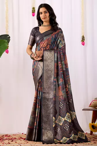Navy blue soft lichi silk saree with digital ethnic print & rich zari border | traditional designer saree with blouse