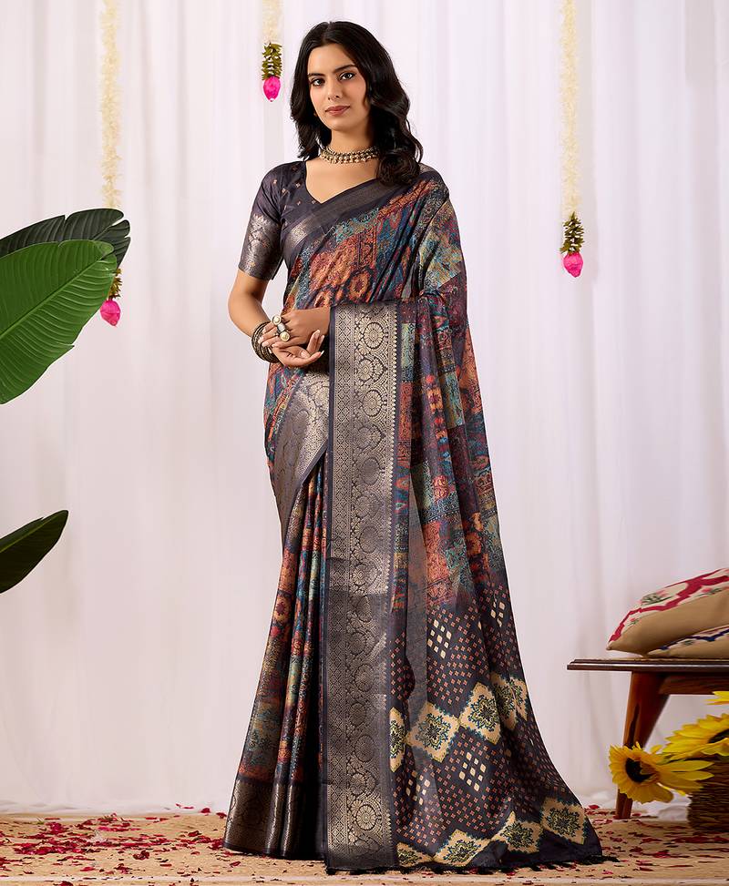 Navy blue soft lichi silk saree with digital ethnic print & rich zari border | traditional designer saree with blouse