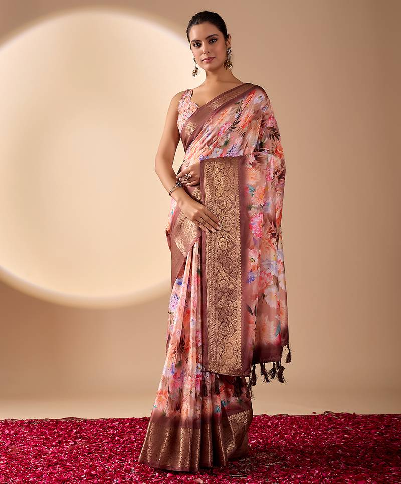 Peach designer soft lichi silk saree with floral digital print & rich zari border | party & festive wear with blouse