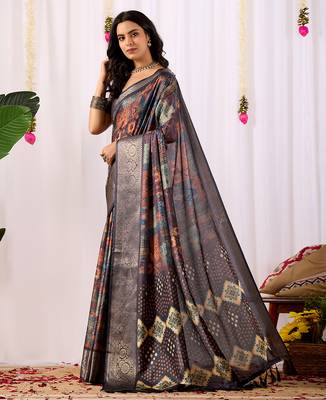 Navy blue soft lichi silk saree with digital ethnic print & rich zari border | traditional designer saree with blouse 2