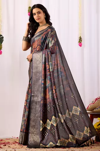 Navy blue soft lichi silk saree with digital ethnic print & rich zari border | traditional designer saree with blouse