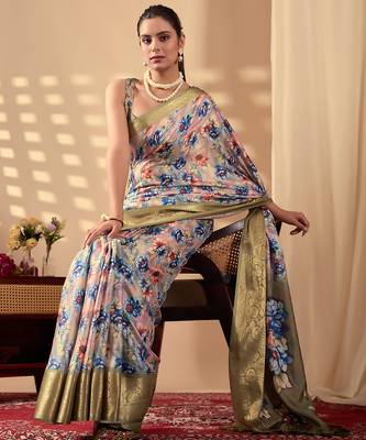 Olive soft lichi silk floral print designer printed‐sarees with contrast blouse 3