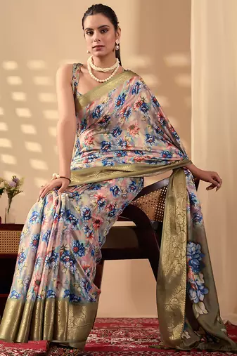 Olive soft lichi silk floral print designer printed‐sarees with contrast blouse