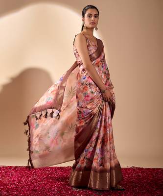 Peach designer soft lichi silk saree with floral digital print & rich zari border | party & festive wear with blouse 2