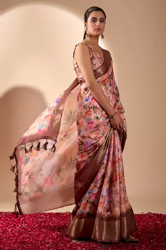 Peach designer soft lichi silk saree with floral digital print & rich zari border | party & festive wear with blouse