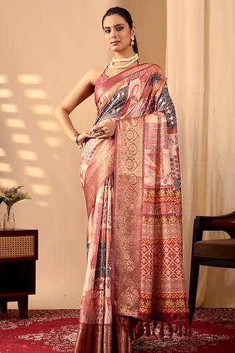 Peach lichi silk digital print saree with designer border & matching blouse – printed saree collection