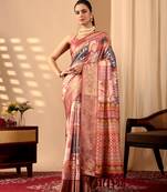Peach lichi silk digital print saree with designer border & matching blouse – printed saree collection