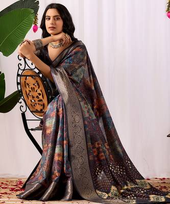Navy blue soft lichi silk saree with digital ethnic print & rich zari border | traditional designer saree with blouse 3