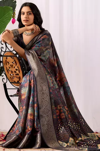 Navy blue soft lichi silk saree with digital ethnic print & rich zari border | traditional designer saree with blouse