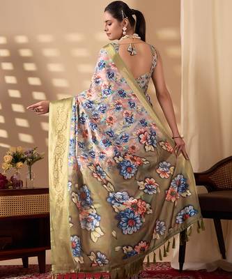 Olive soft lichi silk floral print designer printed‐sarees with contrast blouse 4