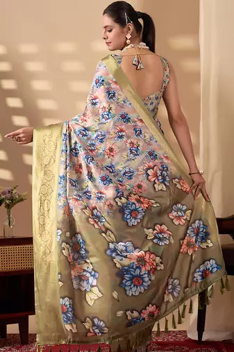 Olive soft lichi silk floral print designer printed‐sarees with contrast blouse