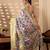 Olive soft lichi silk floral print designer printed‐sarees with contrast blouse