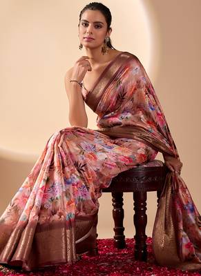 Peach designer soft lichi silk saree with floral digital print & rich zari border | party & festive wear with blouse 3
