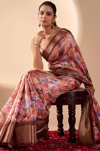 Peach designer soft lichi silk saree with floral digital print & rich zari border | party & festive wear with blouse