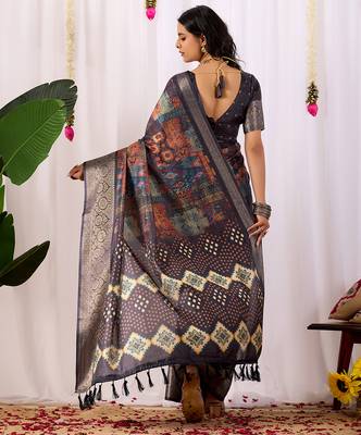 Navy blue soft lichi silk saree with digital ethnic print & rich zari border | traditional designer saree with blouse 4