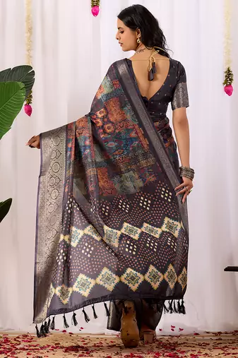 Navy blue soft lichi silk saree with digital ethnic print & rich zari border | traditional designer saree with blouse