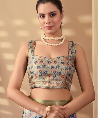 Olive soft lichi silk floral print designer printed‐sarees with contrast blouse 5