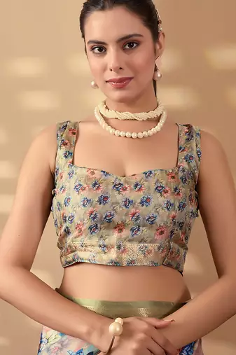 Olive soft lichi silk floral print designer printed‐sarees with contrast blouse