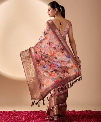 Peach designer soft lichi silk saree with floral digital print & rich zari border | party & festive wear with blouse 4