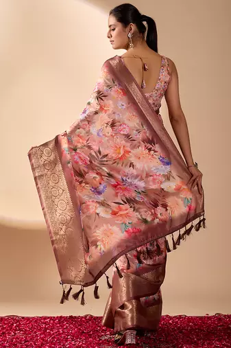 Peach designer soft lichi silk saree with floral digital print & rich zari border | party & festive wear with blouse