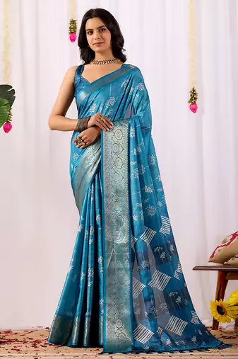 Turquoise lichi silk zari woven saree with rich traditional motifs & designer contrast blouse | festival & wedding wear