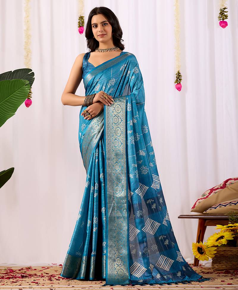 Turquoise lichi silk zari woven saree with rich traditional motifs & designer contrast blouse | festival & wedding wear