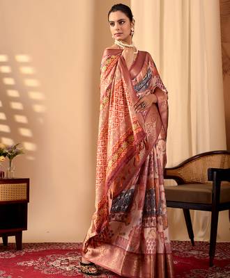 Peach lichi silk digital print saree with designer border & matching blouse – printed saree collection 2