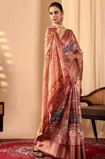 Peach lichi silk digital print saree with designer border & matching blouse – printed saree collection