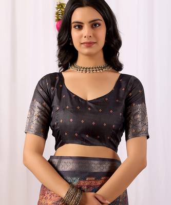 Navy blue soft lichi silk saree with digital ethnic print & rich zari border | traditional designer saree with blouse 5