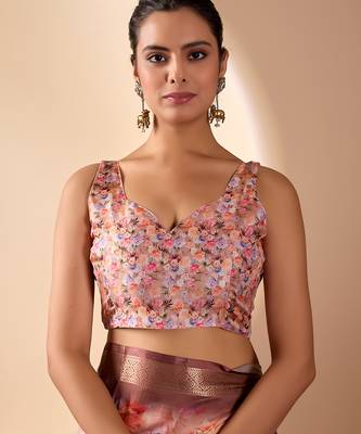 Peach designer soft lichi silk saree with floral digital print & rich zari border | party & festive wear with blouse 5