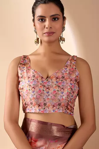 Peach designer soft lichi silk saree with floral digital print & rich zari border | party & festive wear with blouse