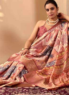 Peach lichi silk digital print saree with designer border & matching blouse – printed saree collection 3