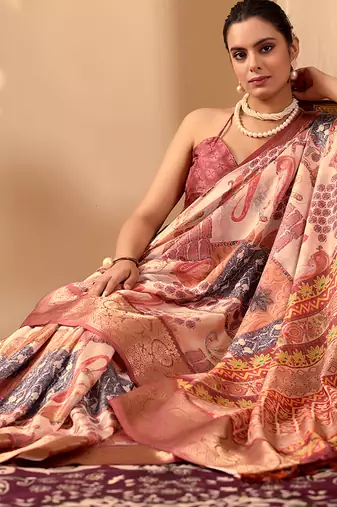 Peach lichi silk digital print saree with designer border & matching blouse – printed saree collection